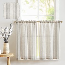 Jinchan Kitchen Curtains Linen Tier Curtains Striped Cafe Curtains 24 Inch - £28.18 GBP