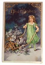 Best Wishes Girl in Green Dress w/ Purple Flowers Gold Embossed Postcard c1910s - $7.99