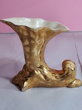 Vtg Hollywood Regency Porcelain 24k Gold Painted Funnel Horn Shaped Vase 6&quot; - £19.53 GBP