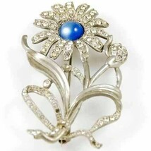 RETRO Silvertone Daisy Brooch Blue Cabochon Center 1930’S - $28.66