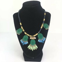 J Crew Statement Necklace Green Acrylic Clear Glass Rhinestone Faux Turquoise - £23.73 GBP