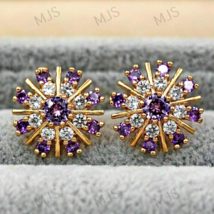 1Ct Lab-Created Amethyst &amp; CZ Cocktail Halo Stud Earring in 14K Yellow Gold Over - £71.09 GBP
