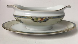 Vintage Noritake Vintonia Gravy Boat w Attached Underplate Fruit Gold Tr... - $49.95