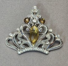 Silver-tone Crown Princess Tiara Pendant Brooch Pin 2&quot; Faceted Amber Rhinestones - £17.22 GBP