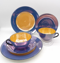 Vintage Phoenix China Setting for 2 Blue Orange Lusterware Plate Saucer Cup - $29.70