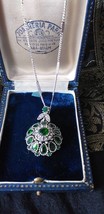 Vintage 1960-s 925 Sterling Silver Green Faux Emerald Pendant on 16 inch... - $84.15