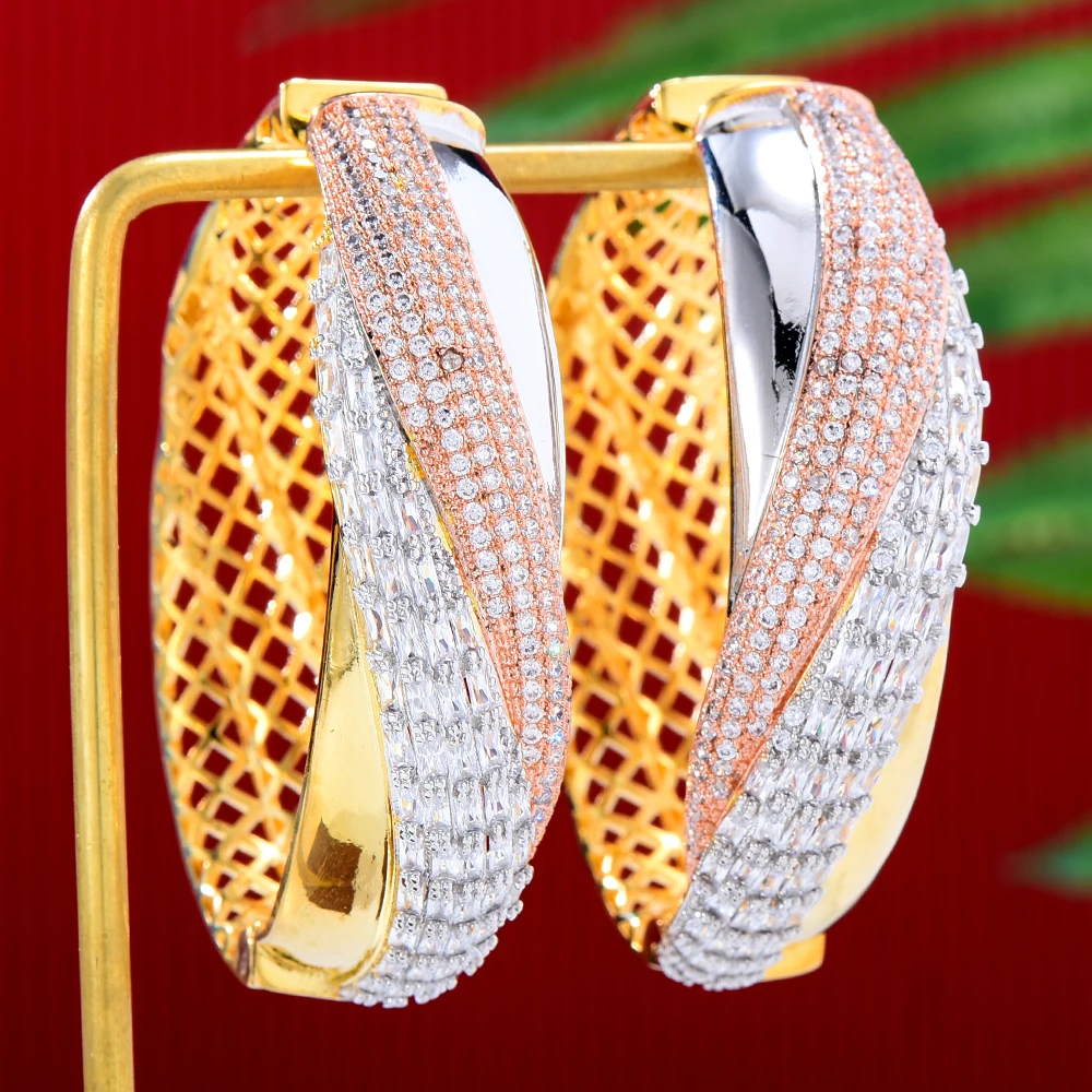 Luxury Big Twist Lines Cubic Zircon Statement Hoop Earrings For Women Wedding DU - £45.38 GBP