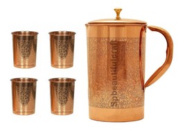 Handmade Embossed Copper Water Jug Pitcher 4 Drinking Tumbler Glass Healthy Life - £39.48 GBP