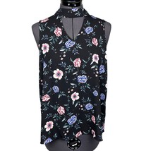 Pink Rose Sleeveless Top Key-Hole Neckline Black Floral Size M - $221.44 MXN