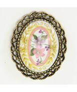 Vintage Victorian Metal Oval Brooch Pendant Purple Yellow Rose Filigree ... - €11,85 EUR
