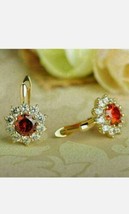 3CT Rotondo Finto Rosso Ruby&amp;diamond Stretto Cerchio Orecchini 14k Giallo Dorato - £93.75 GBP