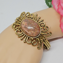 Vintage Signed IXEL Pink Jasper Gold Tone Cuff Bracelet - £31.34 GBP