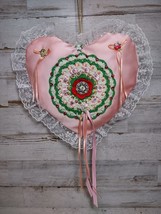 Vintage Kitschy Handmade Heart Pillow Wall Hanging Satin Crochet Lace Sequin 10&quot; - £16.45 GBP