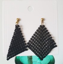 Black Metal Mesh Dangle Earrings - 80s fashion Grid Sequins Tassel Drop Earrings - £11.16 GBP