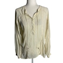 Democracy Embroidered Peasant Top S Beige Long Sleeve V Neck Snap Slightly Sheer - £17.44 GBP