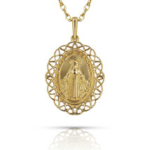 New 14K Yellow Gold Miraculous Medal Virgin Mary Pendant Necklace Chain - £374.54 GBP