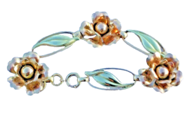 Bracelet Rose Yellow Gold &amp; Sterling  Silver Retro Floral Pattern Links ... - $1,478.08 MXN