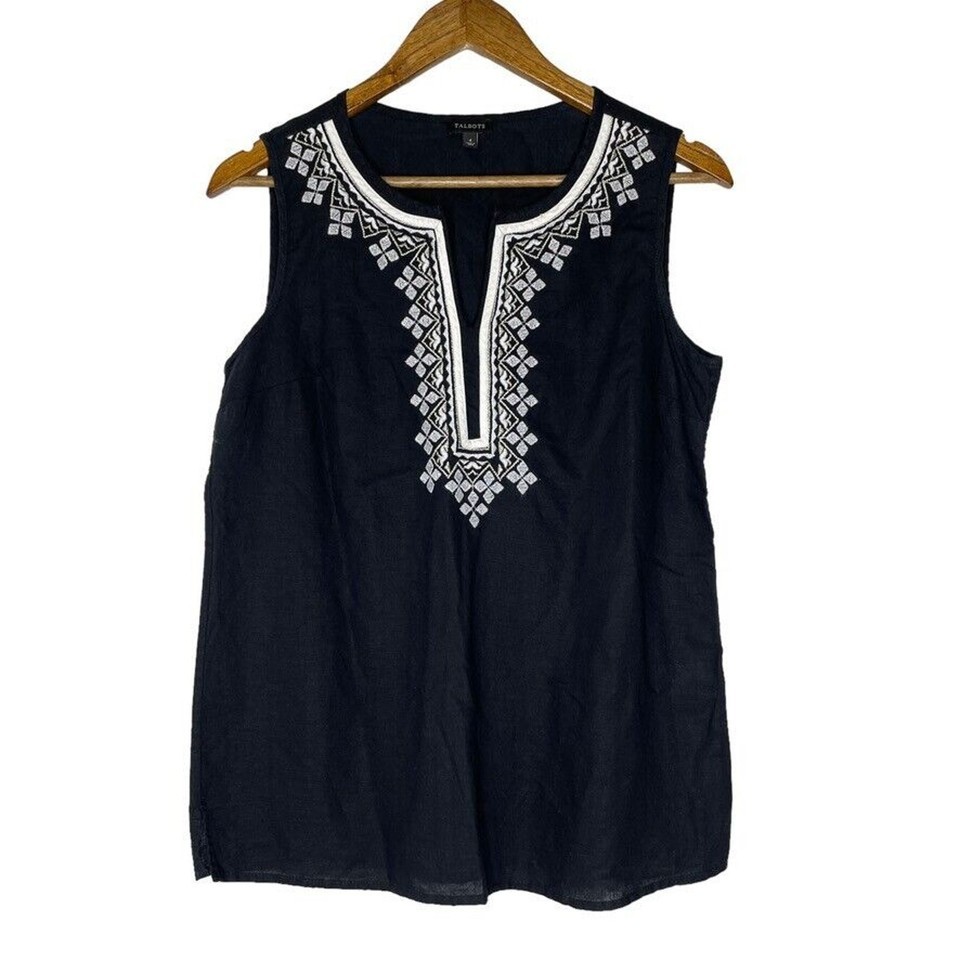 Talbots Black Linen Blend Embroidered Sleeveless Shirt Size 4 Women’s - $16.00