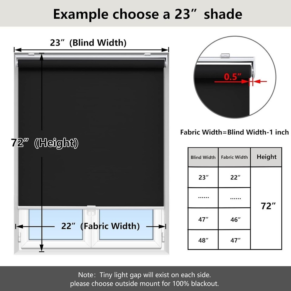 Black 23" W x 72" H Cordless Roller Blinds - Ideal for Home & Office Item image 5