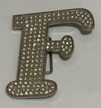 Vintage Metal Belt Buckle Silver Toned Rhinestone Covered Letter Initial F - £11.00 GBP