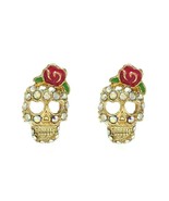 Skull Pink Rose Dia De Los Muertos Rhinestone Gold Pierced Post Stud Ear... - $9.49