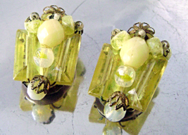 Vintage  Lucite  Lemon Yellow Beaded Clip Earrings Germany 1950s - £12.59 GBP