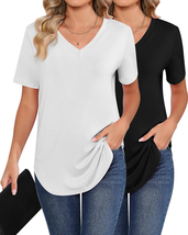 2 Pack Women&#39;s Short Sleeves Shirts, Ladies&#39; V Neck Tunic Tops Causal - £32.79 GBP