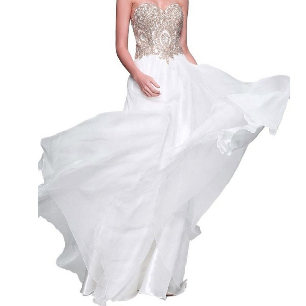 Kivary Gold Lace Crystals Long A Line Beaded Formal Chiffon Prom Evening Dresses