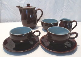 Vtg Denby Homestead brown blue 7 pc Coffee pot cups saucers sugar cream England - £60.09 GBP