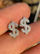 Hombres Mujer Signo Dolar Tuerca Pendientes Delicado Redondo Cz 14K Blanco Oro - $94.95