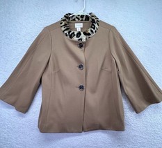 Chicos Jacket Womens Small Tan Brown Faux Fur Collar Large Buttons 3/4 Sleeves - $24.75