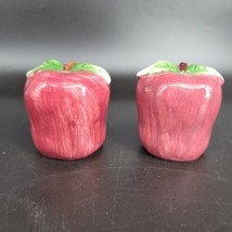 Hand Painted Ceramic Apples Salt &amp; Pepper Shaker Set Red with Green Leav... - £7.59 GBP