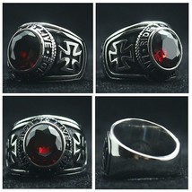 Ring Templar Shield Cross Ruby Stone 316L Stainless Steel Knights Crusade Celtic - £15.73 GBP