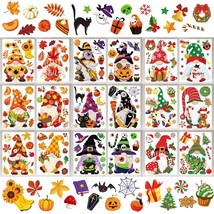 18 Sheet Fall Halloween Christmas Gnome Window Clings Colorful Cute Gnomes Pumpk - £22.37 GBP