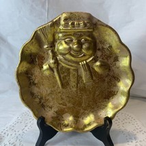 Vintage Ceramic Distressed Gold Leaf Snowman Decorative Plate Holiday Decoration - £6.37 GBP