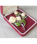 Vintage Celluloid &amp; Enamel Rose Brooch &amp; Clip On Earing Set - $143.48 CAD