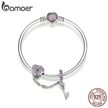 Er 925 sterling silver pink heart lock and key bracelet bangle for women charm bead diy thumb200