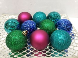(10) Peacock Christmas Blue Teal Magenta Green Glitter Ball Ornaments Decor 2.5&quot; - £11.89 GBP