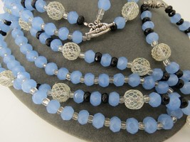 Glass Beaded Necklace and Bracelet Set Blue Black Beads Silver Tone Filigree - £7.79 GBP