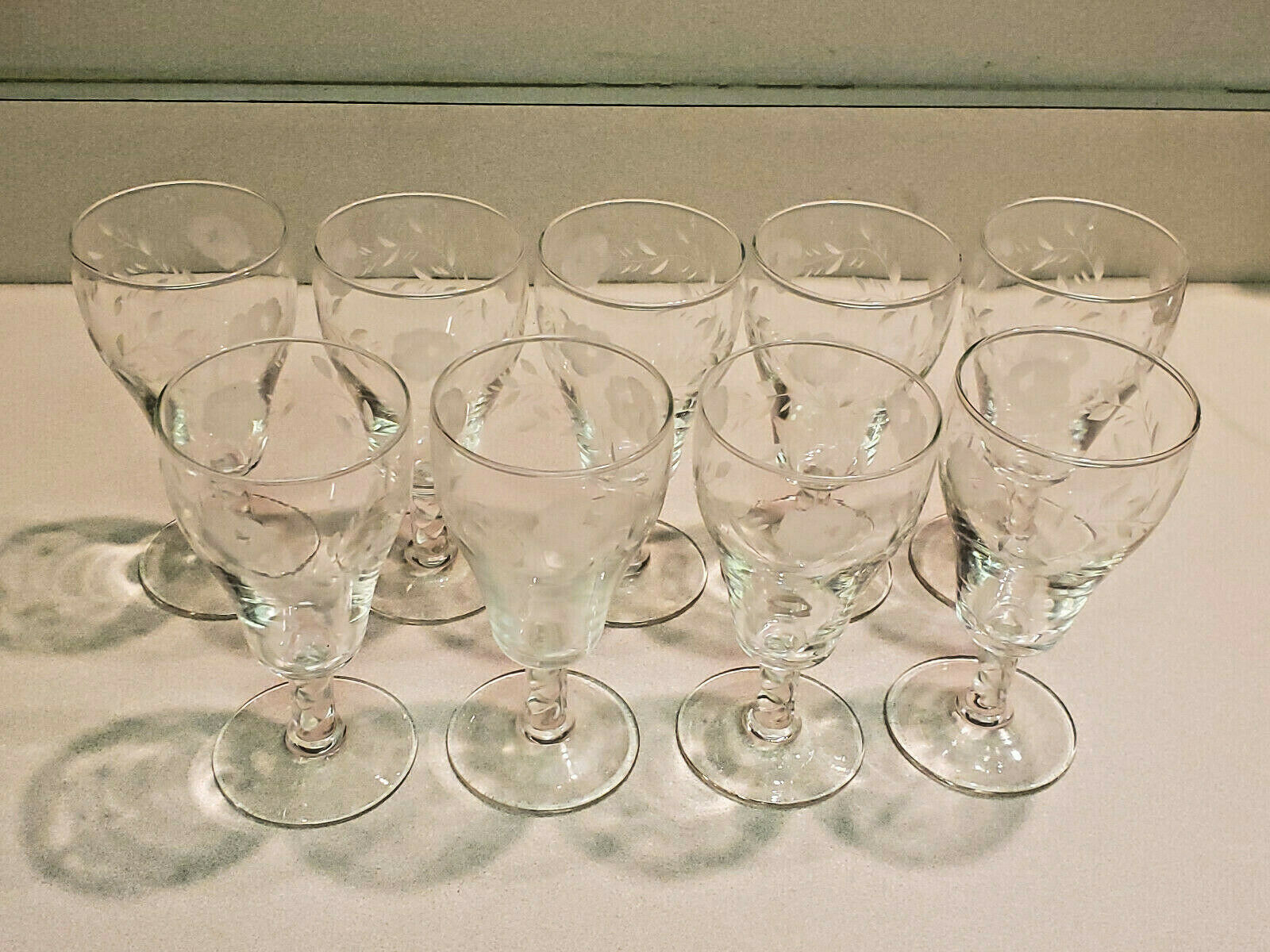 Primary image for Vintage Set of Eight (8) Etched Floral Twisted Stem Glasses