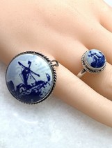 Dutch Delft Blue Ceramic Windmill Pin Sterling Silver Holland Brooch 1&quot;&amp;ring Sz7 - £63.94 GBP