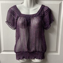 Mossimo Top Womens Small Purple Short Sleeved Semi Sheer Pullover Floral Blouse - $11.98