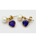Vintage Princess Pride Creations PPC 14K Gold Pearl Amethyst Heart Earrings - $126.40 CAD