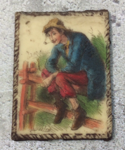 Vintage Resin Art Tile Boy Fence Signed Darley 5.5x4 - £10.78 GBP