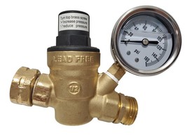 Water Pressure Regulator For RV Lead-free Brass Adjustable Reducer Gauge... - $15.85