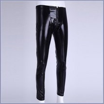 Men's Skin Tight Black Color Faux Latex Zipper Pouch Stretch Pants Leggings  image 3