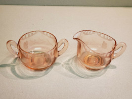 Vintage Pink Etched Floral Cut Glass Sugar &amp; Creamer Marked C Inside a Triangle - £10.24 GBP