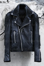 New Men&#39;s Handmade Black Punk Black Metal Spiked Cowhide Leather Jacket -548 - £309.05 GBP
