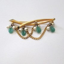 Vintage Kramer Goldtone Branch Pin Faux Jade Pearls Chains Signed Pin - £24.39 GBP