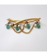 Vintage Kramer Goldtone Branch Pin Faux Jade Pearls Chains Signed Pin - $32.64